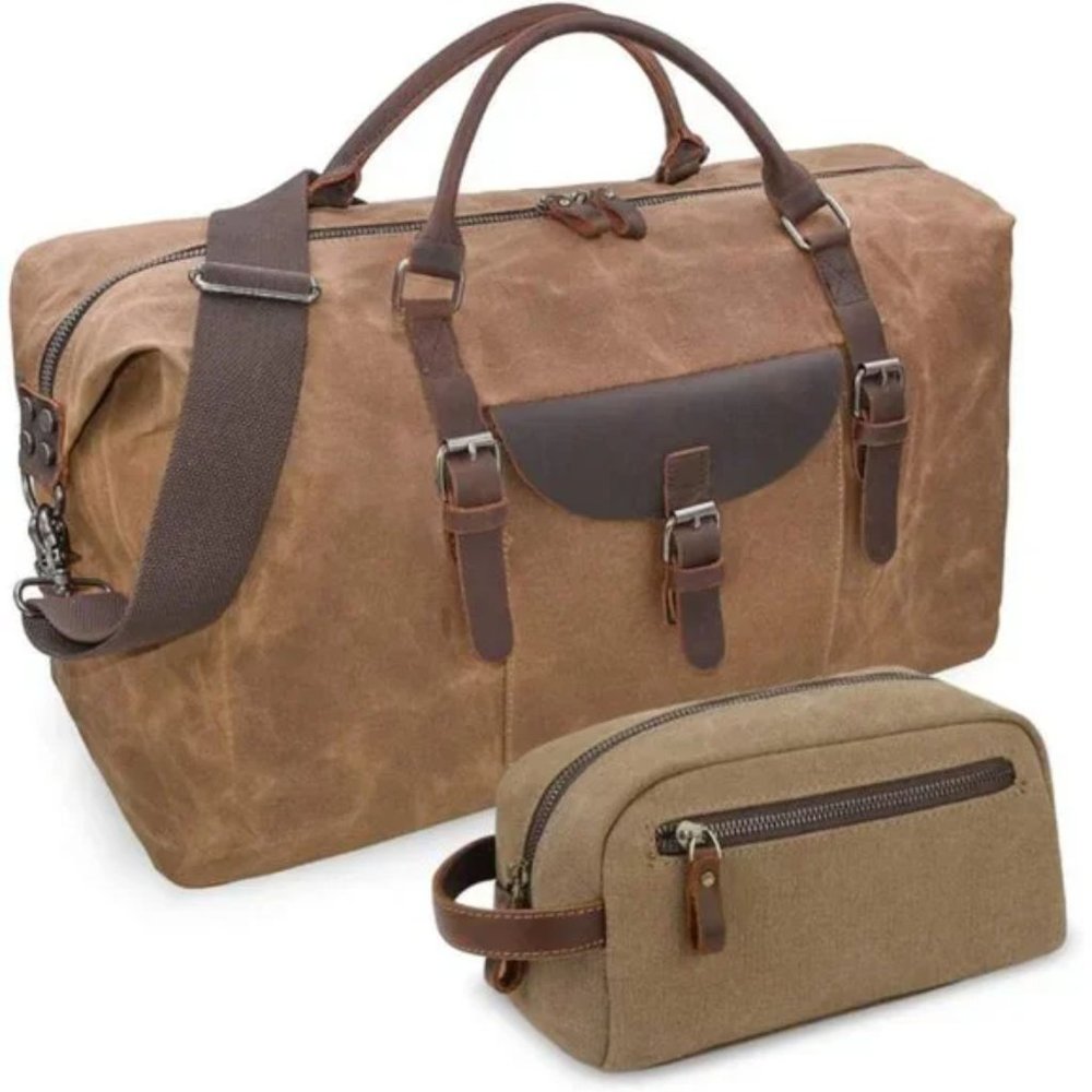 New Oversized Travel Duffel Bag Waterproof Canvas Genuine Leather, Coffee Brown